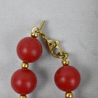 Vintage Jewelry Set: Gold Tone & Red Earrings, Necklace, & Bracelet