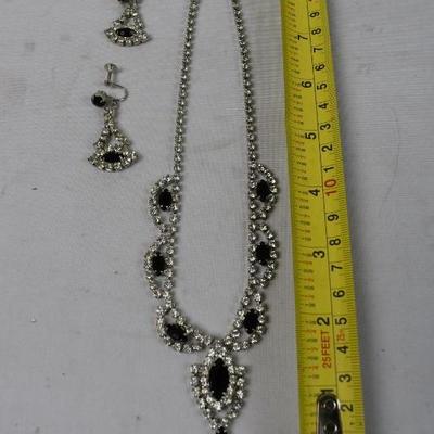 Formal Wear Costume Jewelry Black/Silver/Clear Stones ClipOn Earrings & Necklace