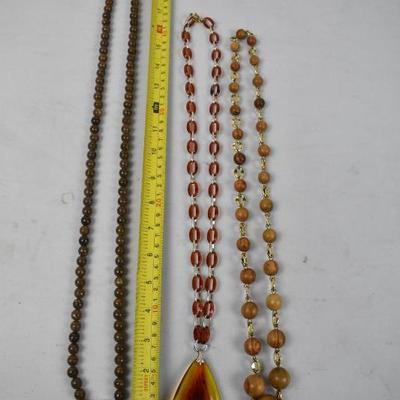 3 Vintage Necklaces: Brown Beaded, Orange Linked, Wood Linked