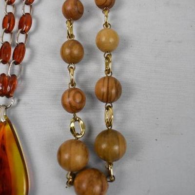 3 Vintage Necklaces: Brown Beaded, Orange Linked, Wood Linked