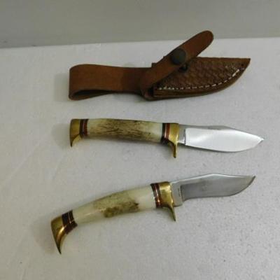 Double Hunter Knife Set Stag Handle with Leather Sheath 