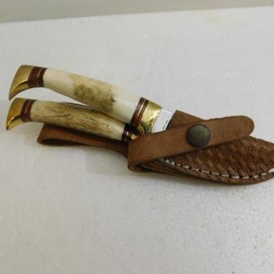 Double Hunter Knife Set Stag Handle with Leather Sheath 