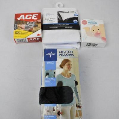 Misc Lot: Ace Ankle Support, Body Pillow Cover, Fridababy Windi, More - New