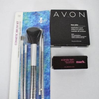 Cosmetic Brush Set, Avon Eyeshadow Quad Smoke & Mirrors, Hook Up Mascara - New