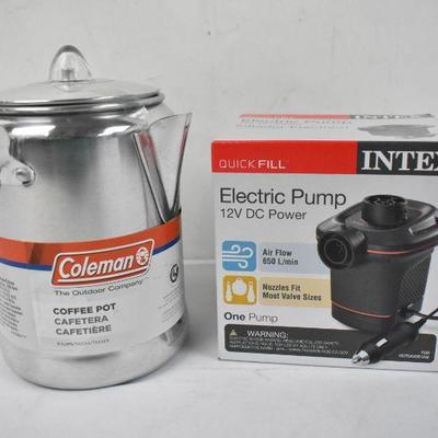 Coleman Camping Coffee Pot & Intex Electric Pump - New