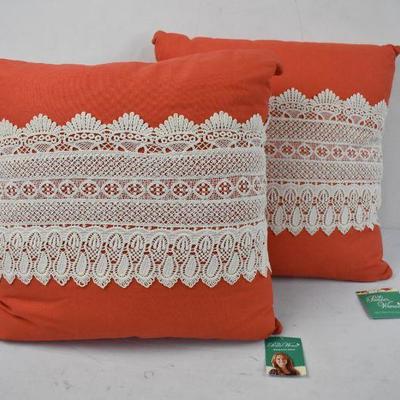 2 Throw Pillows by The Pioneer Woman. Orange w/ Crochet Band Accent 18x18