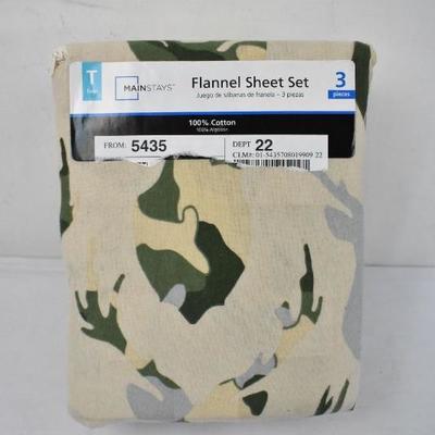 Twin Size Flannel Sheet Set, Camo & Antlers - New