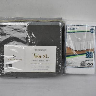 Twin XL Sheet Set 1800 TC Gray & Twin XL Bed Skirt White - New