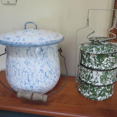 Pair of Enameled Vintage Pot and Lunch Box