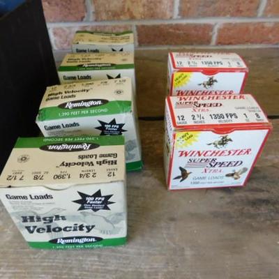 6 Boxes of Game Load 12 ga Shells Remington and Winchester with Ammo Box