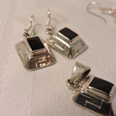 Three Sets of Sterling and Onyx Earrings and Pendents made in Mexico