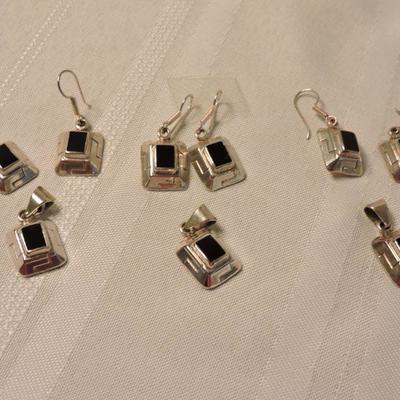 Three Sets of Sterling and Onyx Earrings and Pendents made in Mexico