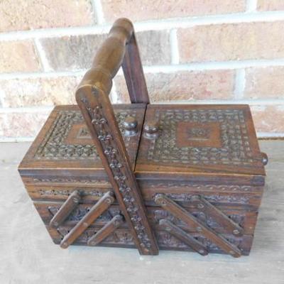 Dutch Hand Carved Accordian Sewing Box 9.5