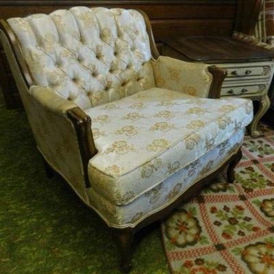 Walnut Frame French Style Button Tufted Back Chair Sateen Upholstered
