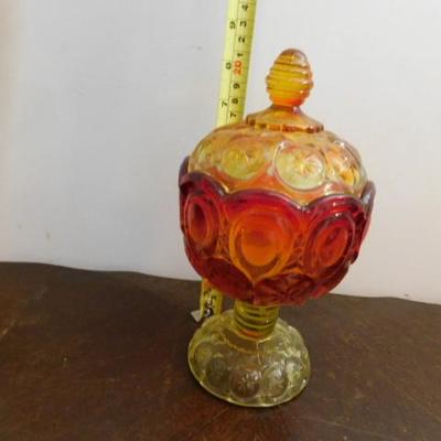 Vintage LE Smith Moon and Stars Amberina Lidded Candy Dish 8.5