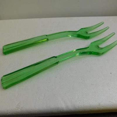 Set of Two Vasoline Glass Meat or Salad Bowl Forks