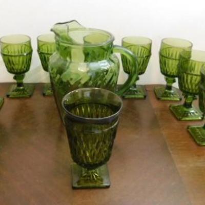 Set of Indiana Vintage Footed Drinking Glasses with Green Pitcher