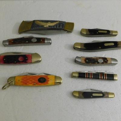 Set of Nine Pocket Knives of Various Makes and Blade Counts