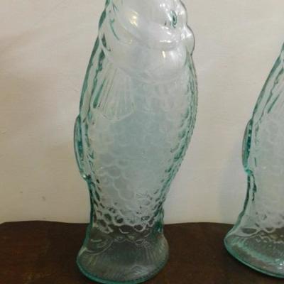 Set of Two Large Fish Blue Glass Bottles