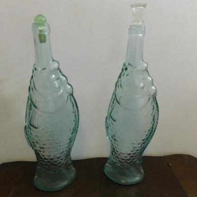 Set of Two Large Fish Blue Glass Bottles
