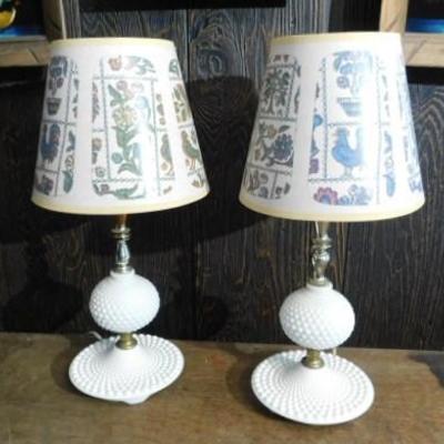 Pair of Hobnail Milk Glass Dresser Top Lamps 17