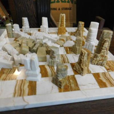 Carved Stone Chess Set with Stone Inlay Board