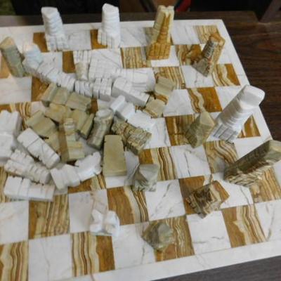 Carved Stone Chess Set with Stone Inlay Board