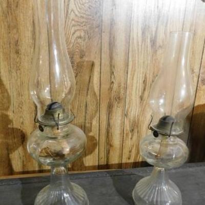 Set of Footed Oil Lamps with Matching Chimneys