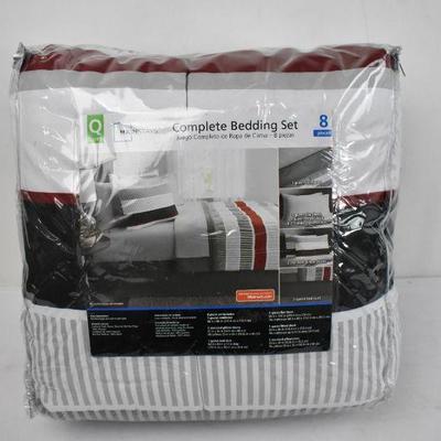 Mainstays Queen Complete Bedding Set, 8 Pieces , Red, Black & Gray Stripes - New