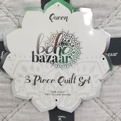 Boho Bazaar 3pc Queen Quilt Set - White/Silver - New