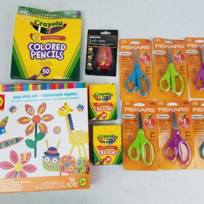 Children's Activities Lot: Scissors, Crayons, Pencils, Pop Stick Art, etc - New