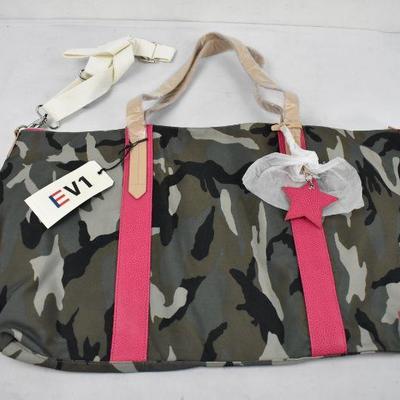 Weekender Bag, Camo w/ Pink Accents, Star Detail, Shoulder Strap & Handle - New