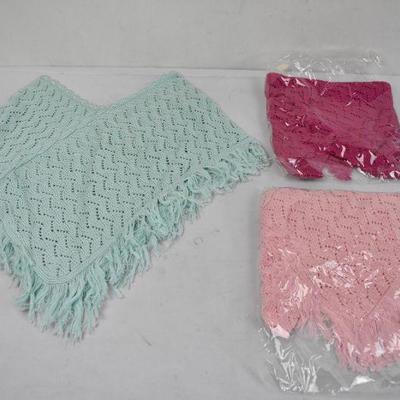 3 Knit Child Size Ponchos: Aqua, Magenta, and Baby Pink - New