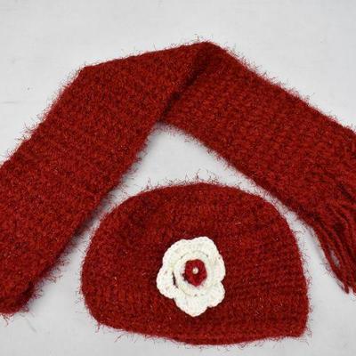 Crochet Scarf & Hat, Red Sparkly - New
