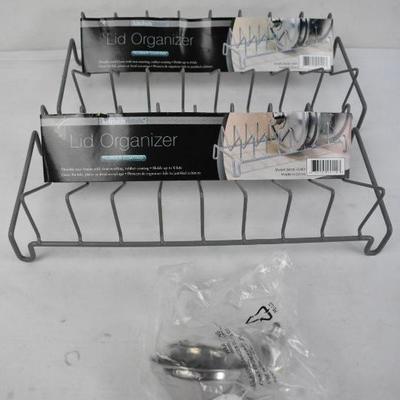 Norpro Set of 3 Small Funnels & 2 Kitchen Lid Organizers - New