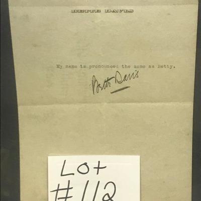 Lot # 112 Signed Autograph of Bette Davis