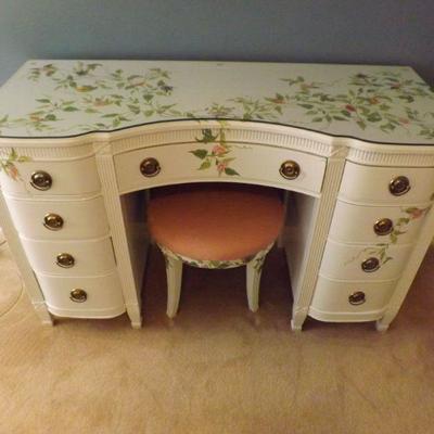 Appliqued Refinished Antique Dressing Table and Stool