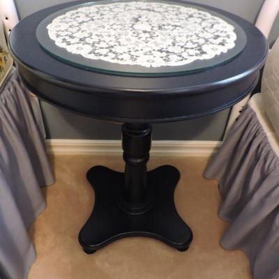 Round Black Pedestal Table with Glass and Lace Top
