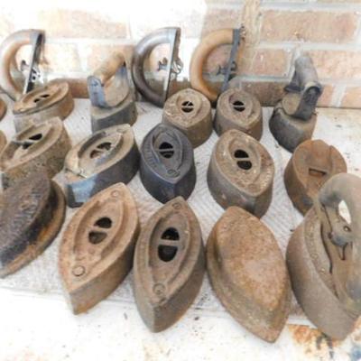 Large Collection of Asbestos Sad Irons of Various Size and Weight
