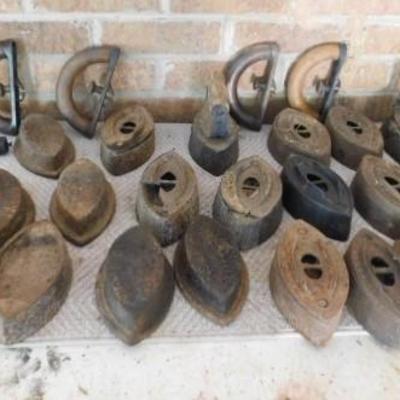Large Collection of Asbestos Sad Irons of Various Size and Weight