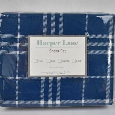 Harper Lane Twin Size Sheet Set Blue & Cream Plaid - New