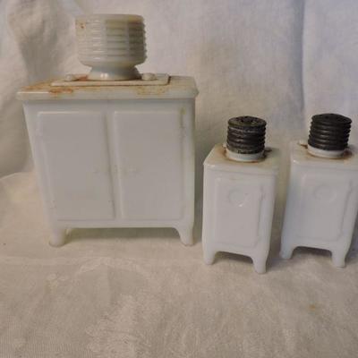 Set of Milk Glass Salt and Pepper Shakers and salt box