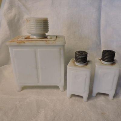 Set of Milk Glass Salt and Pepper Shakers and salt box