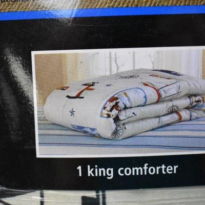 Mainstays King Size Coordinated Bedding Set, 8 Pc, Lighthouse Blue/White - New