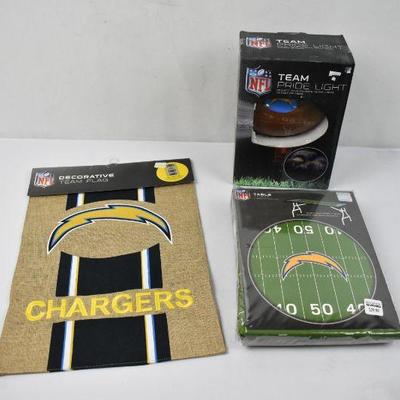 3 Piece NFL Chargers: Decorative Team Flag, Team Pride Light, Table Topper - New