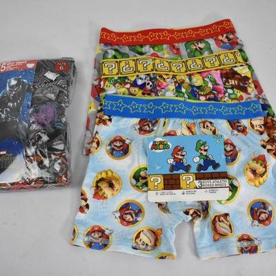 8 Pairs of Boys Underwear & Boxer Briefs: Black Panther & Super Mario - New