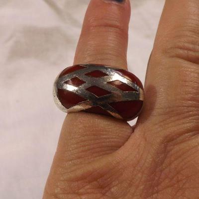 Vintage Red Bakelite Ring with Silver Overlay