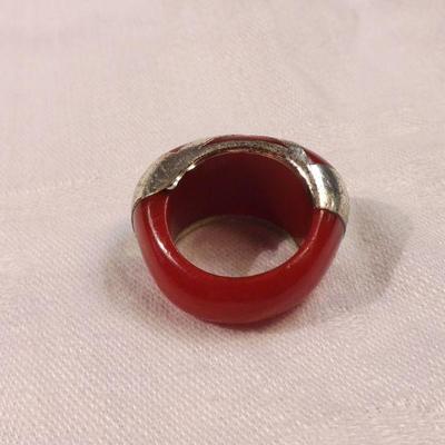Vintage Red Bakelite Ring with Silver Overlay