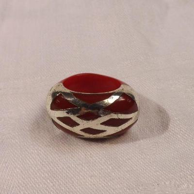 Vintage Red Bakelite Ring with Silver Overlay