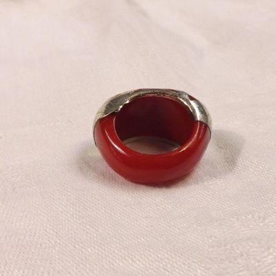 Vintage Red Bakelite Ring with Silver Overlay